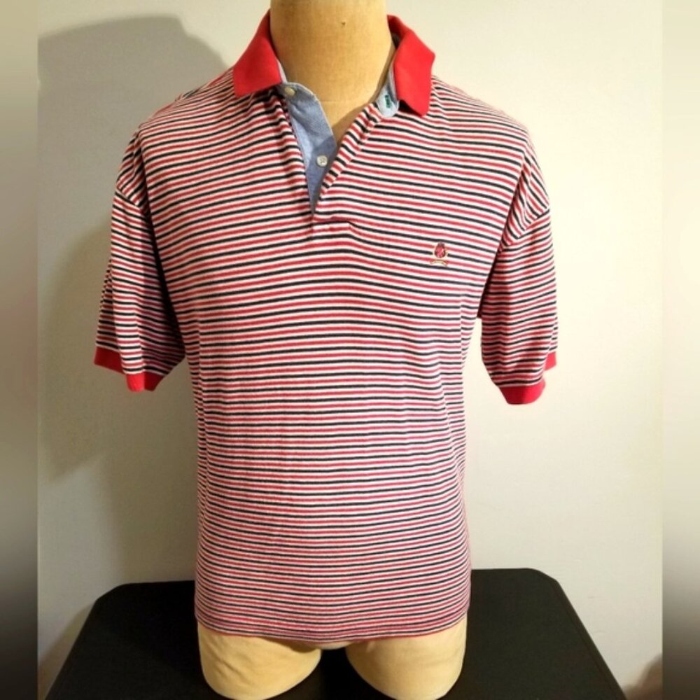 TOMMY HILFIGER RED WHITE BLUE STRIPED MENS POLO Y2K 2000'S JULY 4 VTG PREPPY 90S